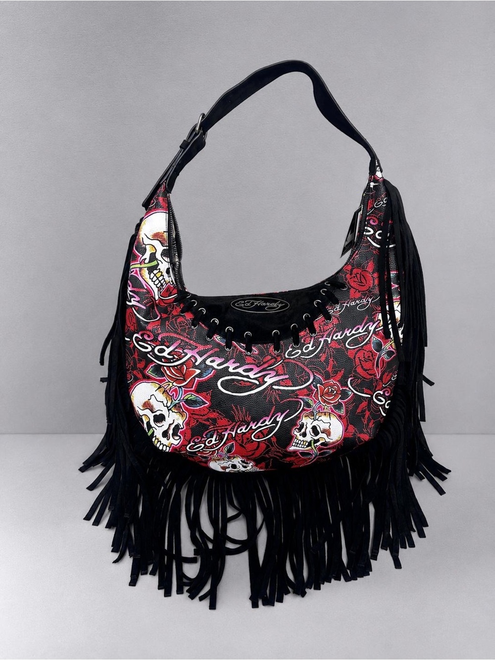 Ed Hardy Black Red Skull Rose Fringe Zip Lined Inner Pockets Shoulder Bag Charm